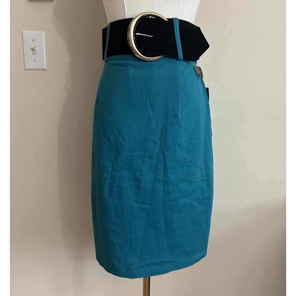 NWT Vintage 80s Tight Mini Skirt Chunky Belt Tracy Evans Teal Black Retro Funky